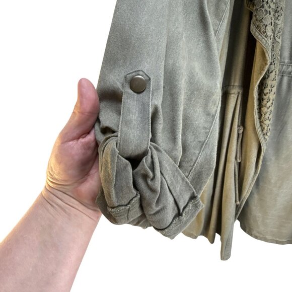 Knox Rose Military Green Hooded Cardigan L Crochet Roll-Up Boho Cargo Utility - Picture 8 of 12